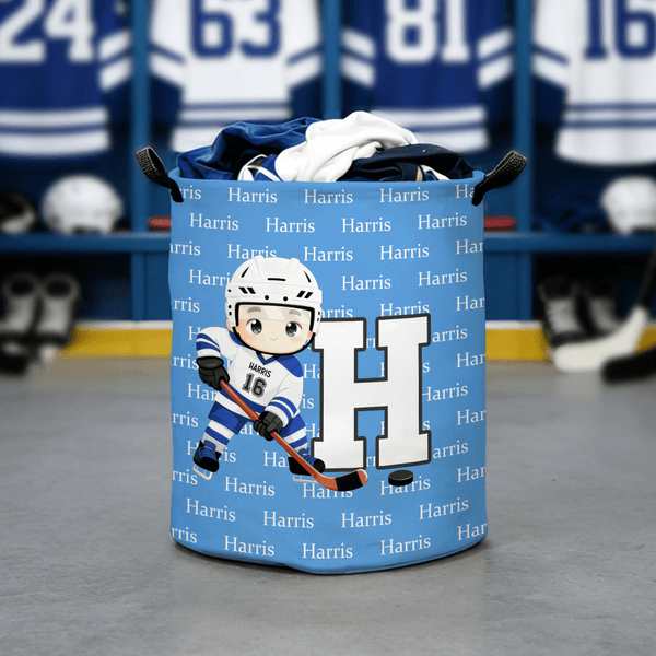 Personalized Cute Cartoon Ice Hockey Player Character Laundry Basket with Initial and Name Team Birthday Gift for Hockey Players Lovers