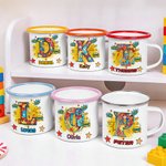 Personalised Comic Initial Multicolour 12 oz Enamel Mug with Name Birthday Back to School Gift for Kids