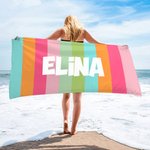 Personoitu värikäs raidallinen nopeasti kuivuva rantapyyhe täydellinen lahja perheelle ja ystäville