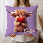 Personalized Cute Love Heart Highland Cow Soft Throw Pillow Cover with Name Home Decor Valentine's Day Birthday Gift for Family Friend Cow Lover