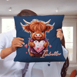 Personalized Cute Love Heart Highland Cow Soft Throw Pillow Cover with Name Home Decor Valentine's Day Birthday Gift for Family Friend Cow Lover