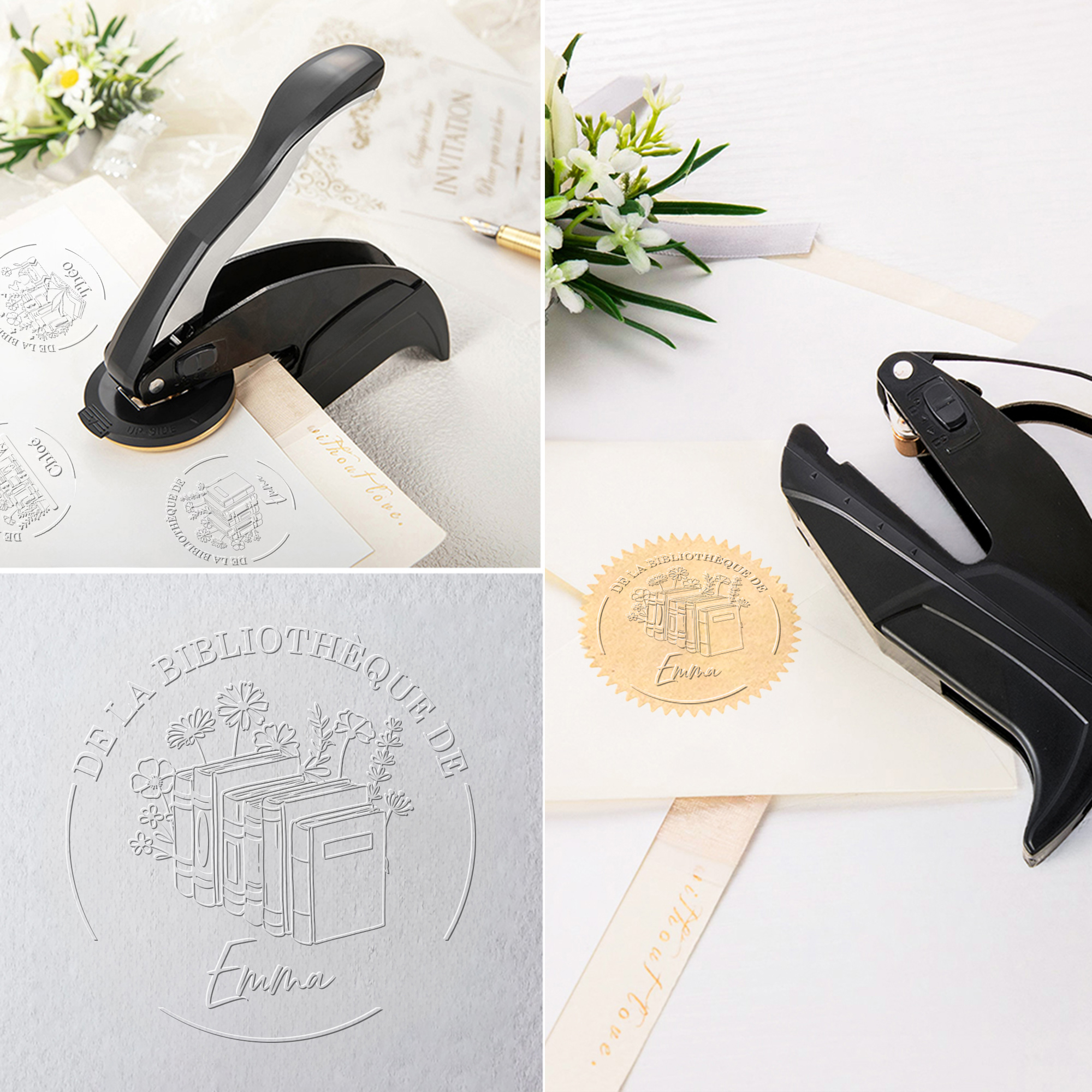 Tampon de Gaufrage Personnalisé avec Texte Nom Motif Floral Livres Accessoire avec Poignée Noire Cadeau Anniversaire pour Amoureux de Lecture