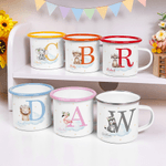 Personalised Cartoon Cute Animal Cloud 12 oz Coloured Rim Enamel Mug with Name and Initial Daily Use Birthday Gift for Boys and Girls