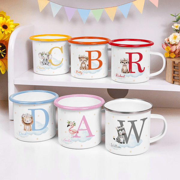 Personalised Cartoon Cute Animal Cloud 12 oz Coloured Rim Enamel Mug with Name and Initial Daily Use Birthday Gift for Boys and Girls