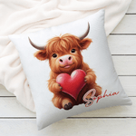 Personalized Cute Love Heart Highland Cow Soft Throw Pillow Cover with Name Home Decor Valentine's Day Birthday Gift for Family Friend Cow Lover