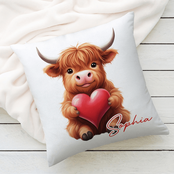 Personalized Cute Love Heart Highland Cow Soft Throw Pillow Cover with Name Home Decor Valentine's Day Birthday Gift for Family Friend Cow Lover