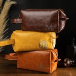Personalized Engarved Monogram Waterproof Leather Toiletry Bag with Handle Groomsmen Anniversary Father's Day Gift for Men