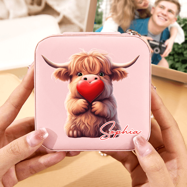 Personalized Cute Love Heart Highland Cow PU Leather Jewelry Box with Name Birthday Anniversary Valentine's Day Gift for Women