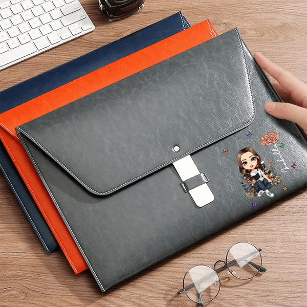 Personalized Cartoon Character Birth Flower PU Leather File Folder Briefcase with Name Business Trip Supplies Birthday Gift for Bookworms Family