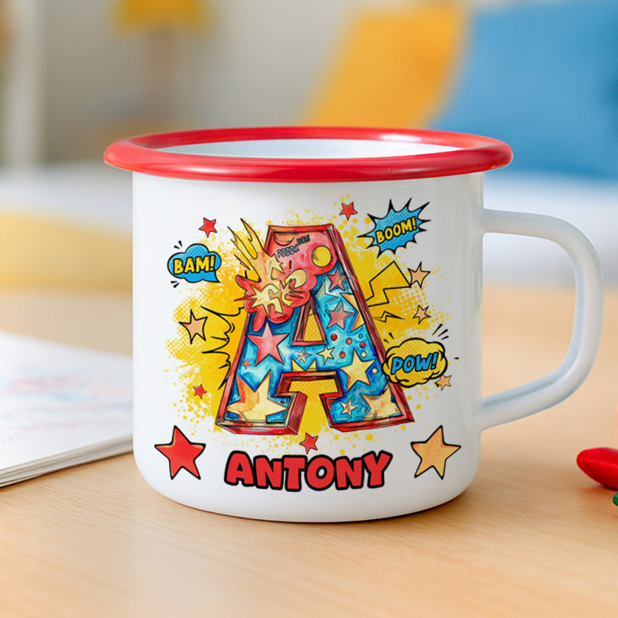 Tasse en émail multicolore personnalisée avec nom et initiale de bande dessinée Cadeau d'anniversaire et de rentrée scolaire pour enfants