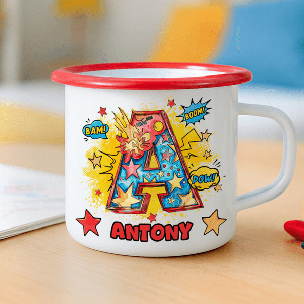 Personalized Comic Initial Multicolor 12 oz Enamel Mug with Name Birthday Back to School Gift for Kids
