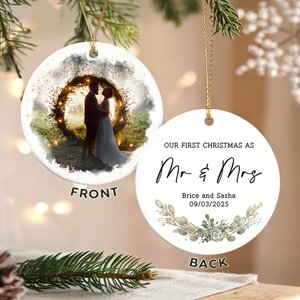 Personalized Our First Christmas Flower Photo Ceramic Ornament with Text and Date Home Decor Christmas Gift for Couples Newlyweds