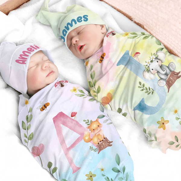 Personalisierte Blume Kranz Tiere 100% Baumwolle Aquarell Swaddle Decke und Hut Set mit Namen Geburtstag Baby Dusche Geschenk für Neugeborene