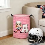 Personalized Cute Cartoon Ice Hockey Player Character Laundry Basket with Initial and Name Team Birthday Gift for Hockey Players Lovers