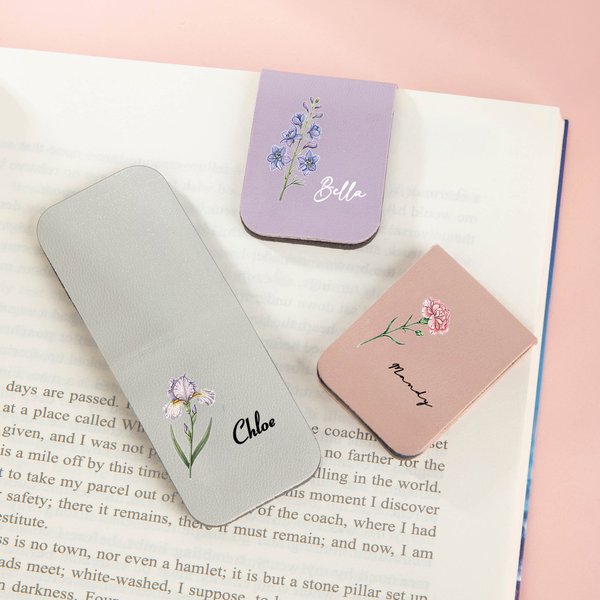 Personlig Födelseblomma Flerfärgad PU läder Magnetiskt bokmärkesklämma med namn Daglig användning Födelsedagspresent för läsentusiaster Bokmalar