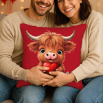 Personalized Cute Love Heart Highland Cow Soft Throw Pillow Cover with Name Home Decor Valentine's Day Birthday Gift for Family Friend Cow Lover