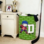 Personalized Cute Cartoon Ice Hockey Player Character Laundry Basket with Initial and Name Team Birthday Gift for Hockey Players Lovers
