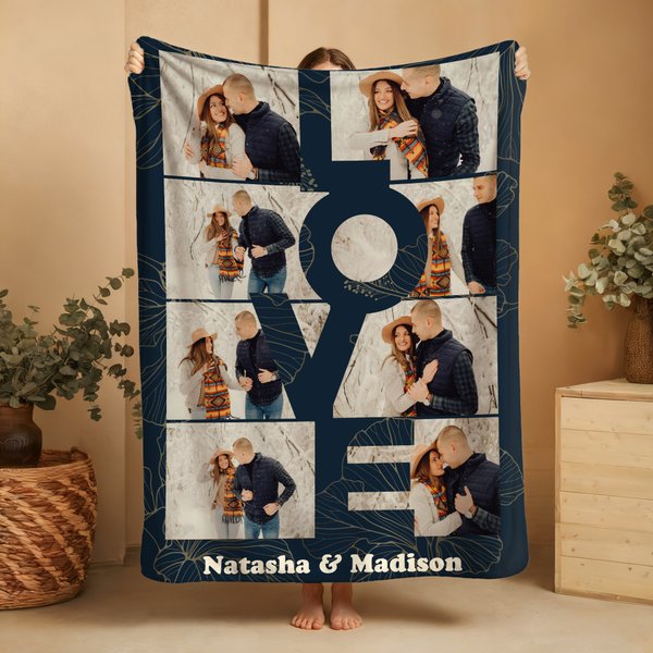 Personalized Love 10 Photos Soft Throw Blanket with Text Home Decor Valentine's Day Birthday Gift for Couple