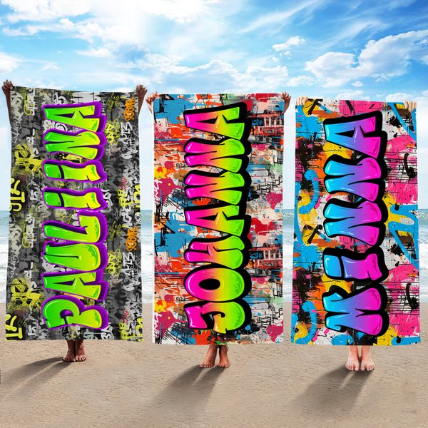 Personoitu graffitityylinen ylisuuri rantapyyhe nimellä täydellinen syntymäpäivälahja lapsille ja perheelle