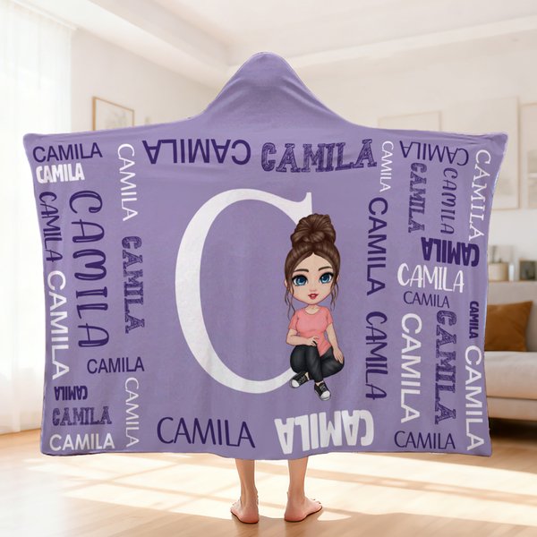 Personalised Cartoon Character Word Cloud Soft Hooded Blanket with Initial and Names Home Decor Birthday Anniversary Gift for Family Kids