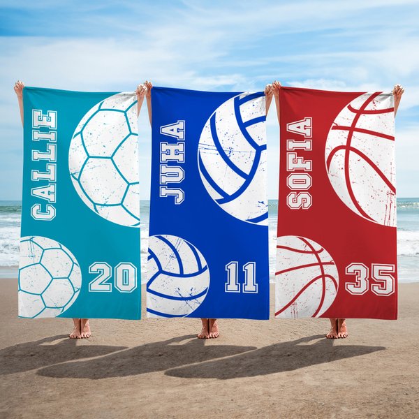 Personoitu koripallo jalkapallo iso nopeasti kuivuva rantapyyhe nimellä ja numerolla matkalle lahja pallopelien ystäville