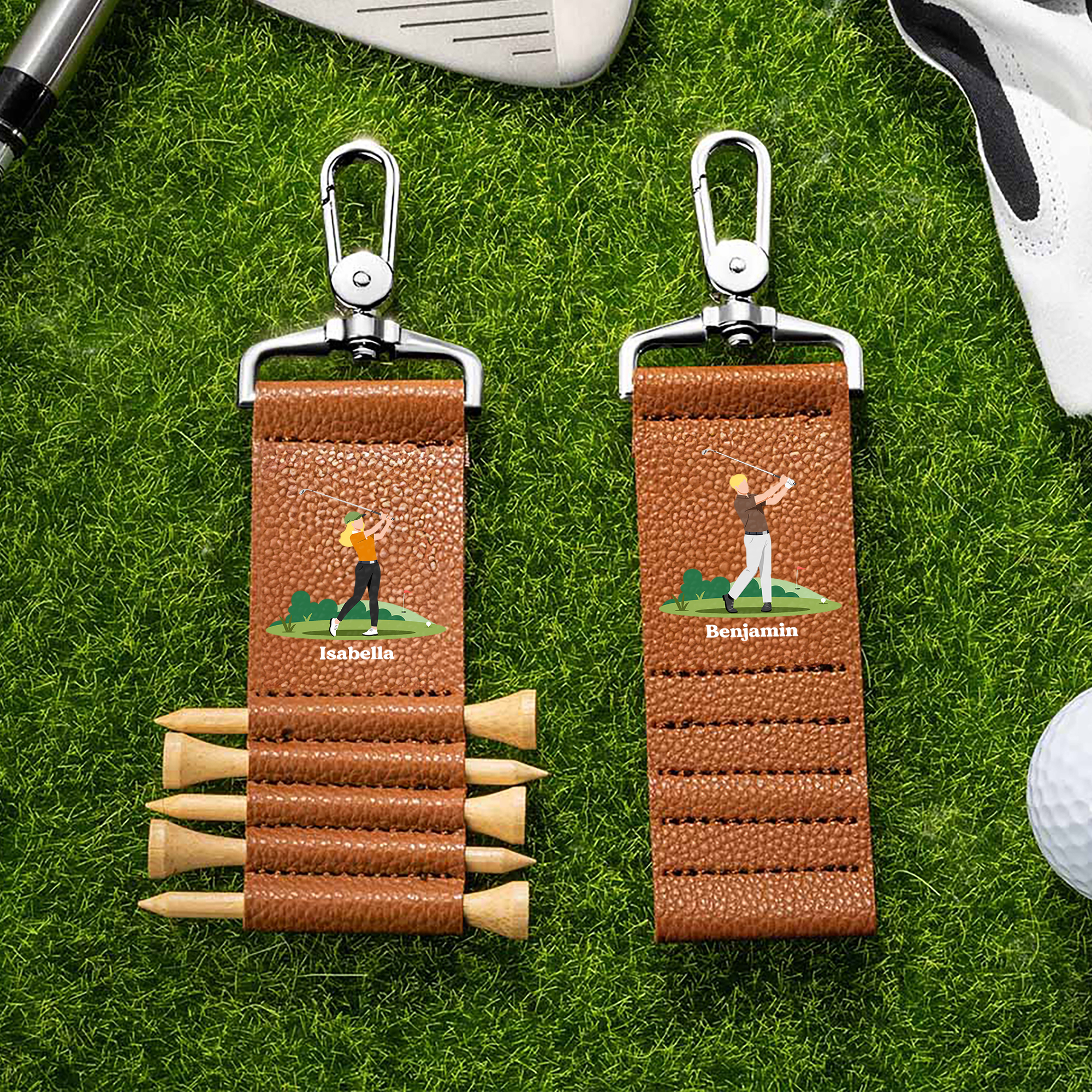 Porte tee de golf personnalisé en cuir PU avec nom et 5 tees en bambou Cadeau d'anniversaire pour les golfeurs et golfeuses