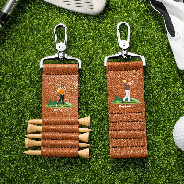Personalized Cartoon Character PU Leather Golf Tee Holder Bag Tag with Name and 5 Pcs Bamboo Tees Birthday Sports Gift for Golfers Golf Players