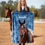 Personalized Painted Horse Photo Horseshoe Print Multicolor Soft Throw Blanket with Name Home Decor Birthday Gift for Horse Lovers