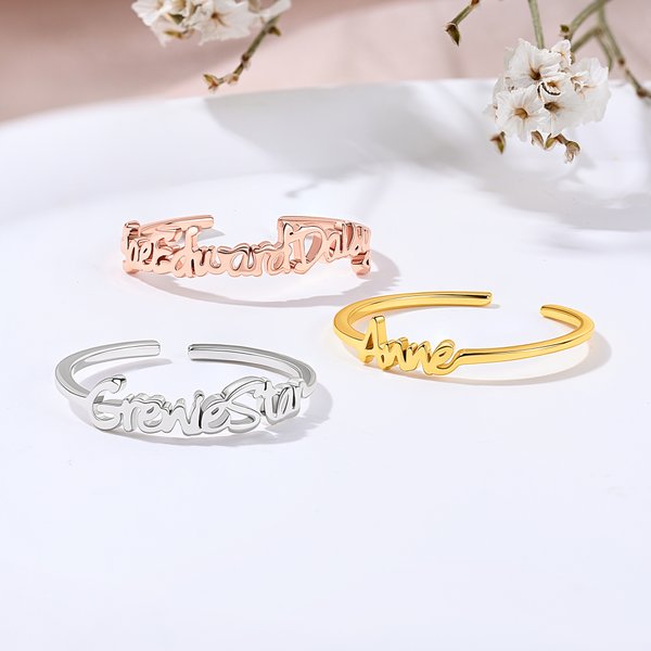 Personalized Minimalist Style Circle Open Sterling Silver Ring with 2-4 Names Birthday Anniversary Gift for Family Couples