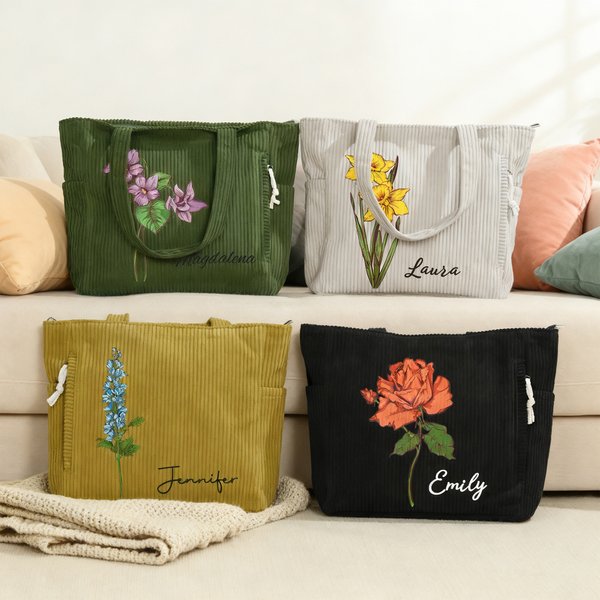 Personalisierte Cord Shopper mit Geburtsblumen und Namen große Kapazität stylische Tragetasche Alltag Muttertag Geburtstag Geschenk für Damen