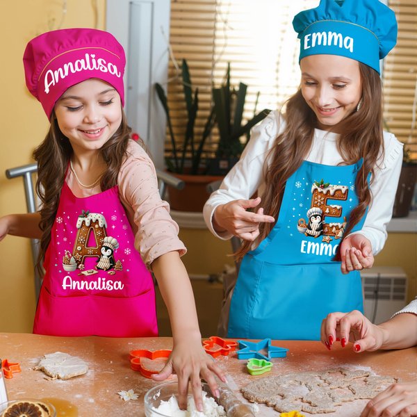 Set grembiule e cappello da chef personalizzato regolabile con tasca e iniziale regalo di Natale per bambini e bambine