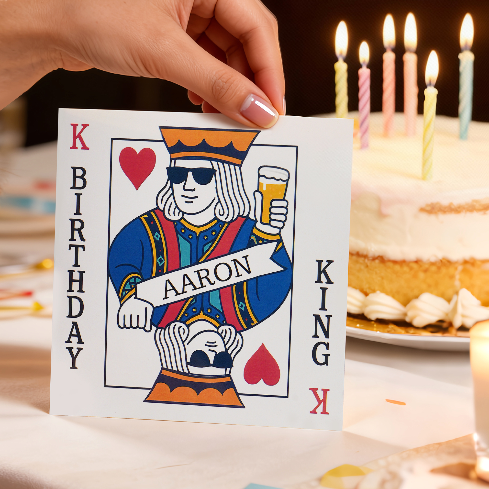 Carte de vœux personnalisée Poker Crown Lunettes de soleil Bière avec nom Cadeau d'anniversaire pour hommes Amis