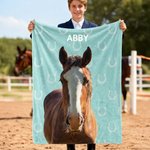 Personalized Painted Horse Photo Horseshoe Print Multicolor Soft Throw Blanket with Name Home Decor Birthday Gift for Horse Lovers