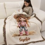 Gepersonaliseerde Deken met Cartoon Cowboy- en Cowgirlmotief met Franjes en Naam Woondecoratie Verjaardagscadeau voor Kinderen en Cowboyliefhebbers