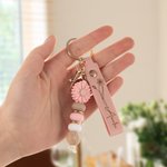 Personalised Birth Flower PU Leather Keychain with Engraved Name and Daisy Bead Pendant Wedding Party Birthday Gift for Bridesmaids Friends