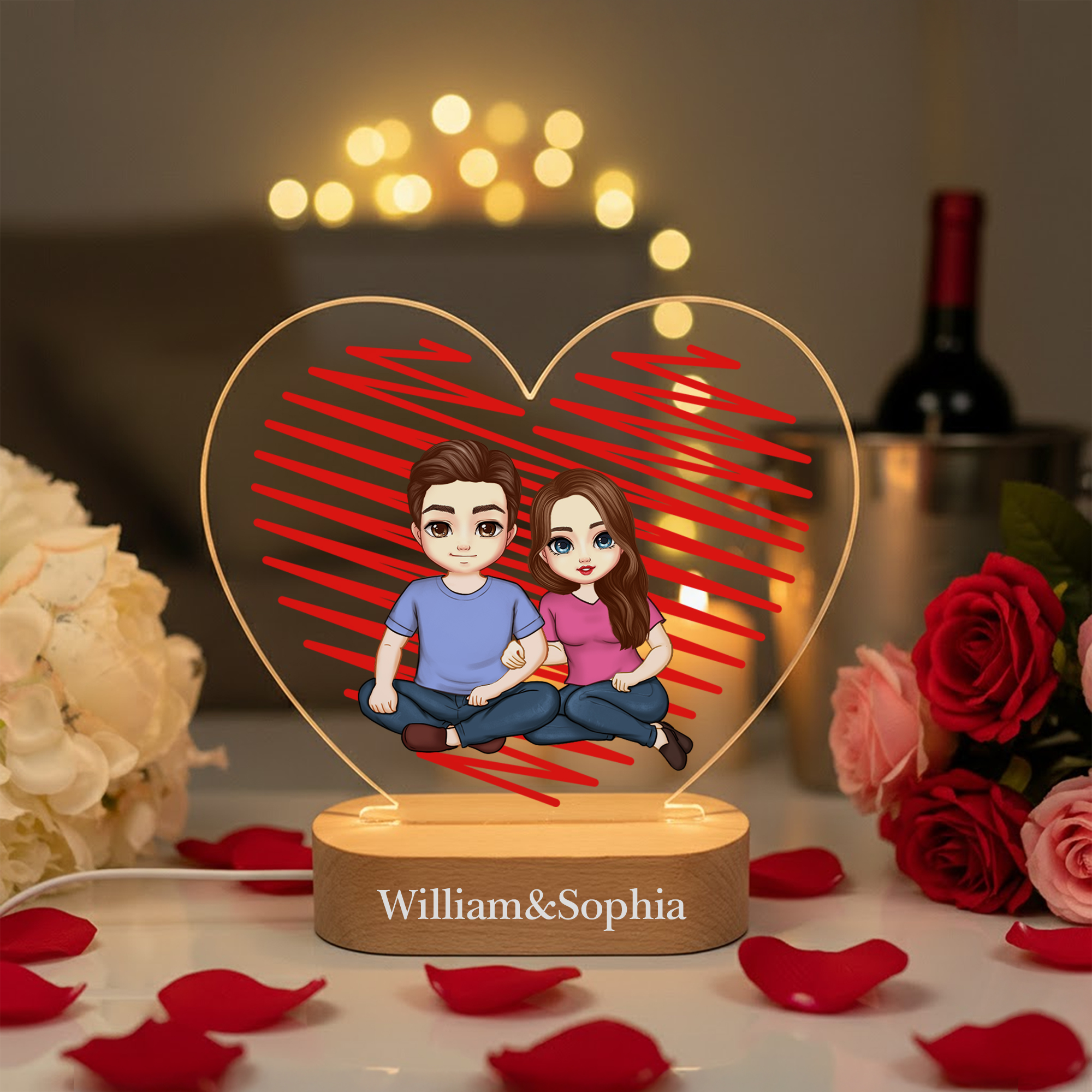 Veilleuse LED en acrylique personnalisée avec nom et socle en bois Cadeau d'anniversaire de Saint-Valentin pour un couple