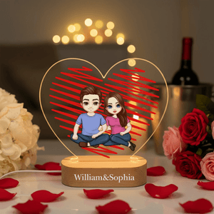 Personalised Cartoon Couple Character Heart Acrylic LED Night Light with Name and Wooden Base Home Decor Valentine's Day Anniversary Gift for Couple
