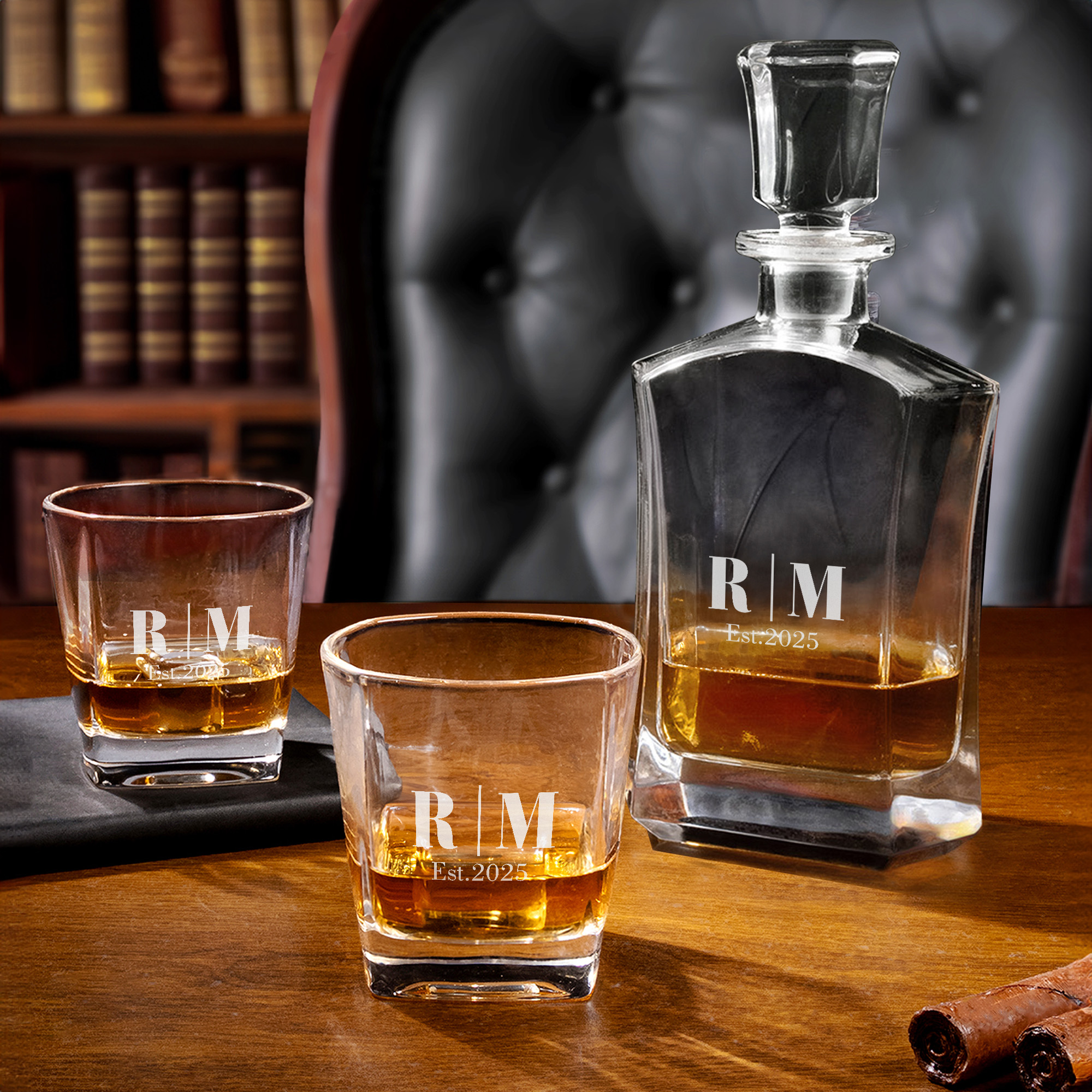 American Atelier Whiskey Decanter Set With 4 Shot Glasses - 29 Oz Bottle, Airtight For Bourbon & Wine