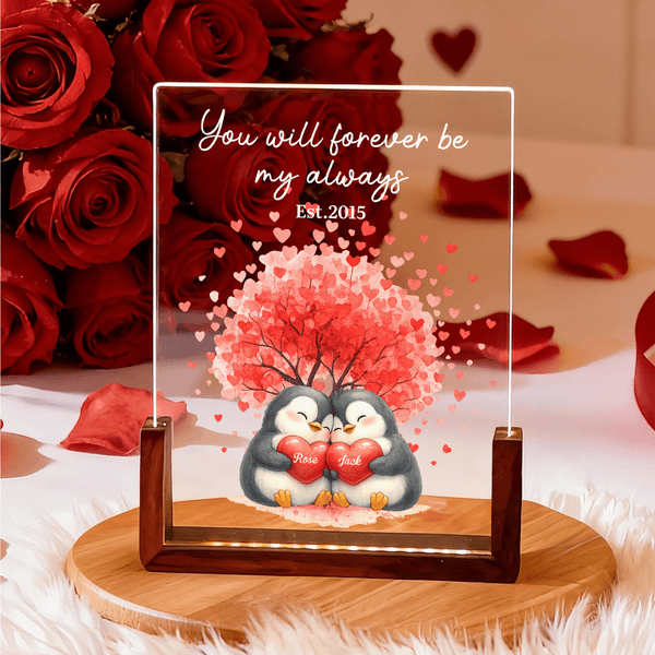 Personalised Love Tree Cute Penguin Acrylic LED Night Light with Name Date and Wooden Base Home Decor Valentine's Day Anniversary Gift for Couples