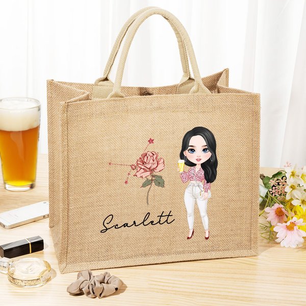 Personalisierte Sternzeichen Geburt Blume Cartoon Charakter große Jute Tragetasche mit Namen Braut Dusche Geburtstag Geschenk für Frauen