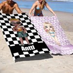Personoitava raidallinen ruutukuosinen rantapyyhe cartoonhahmolla ylimitoitettu nopeasti kuivuva sopii syntymäpäivälahjaksi perheelle ja ystäville