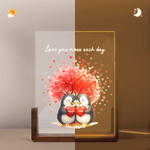 Personalized Love Tree Cute Penguin Acrylic LED Night Light with Name Date and Wooden Base Home Decor Valentine's Day Anniversary Gift for Couples