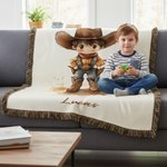 Gepersonaliseerde Deken met Cartoon Cowboy- en Cowgirlmotief met Franjes en Naam Woondecoratie Verjaardagscadeau voor Kinderen en Cowboyliefhebbers