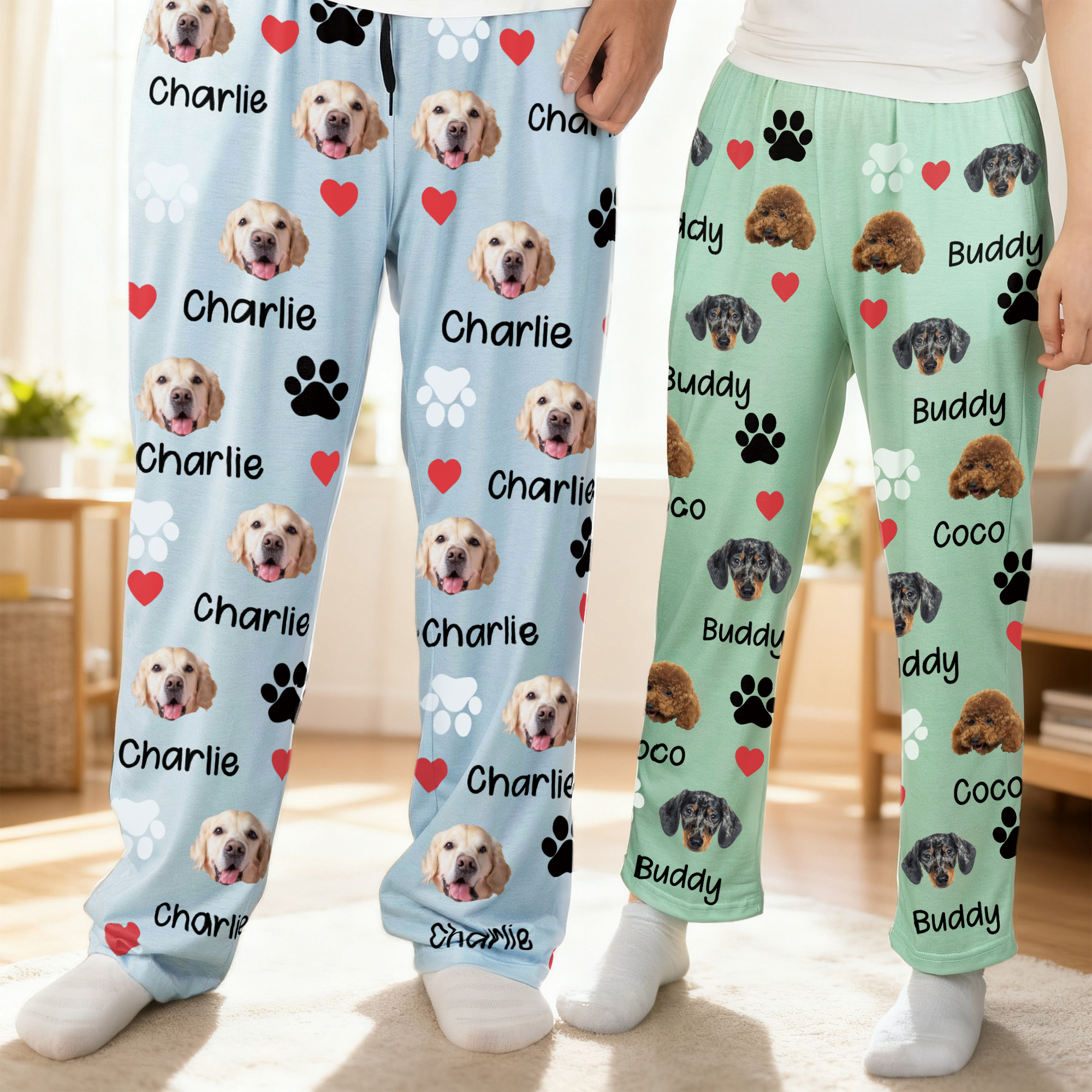 Personnalisé 1-4 Pet Face Photos Paw Print Multicolore Kid Woman Man Pajama Pants with Drawstring Daily Wear Birthday Gift for Pet Lovers