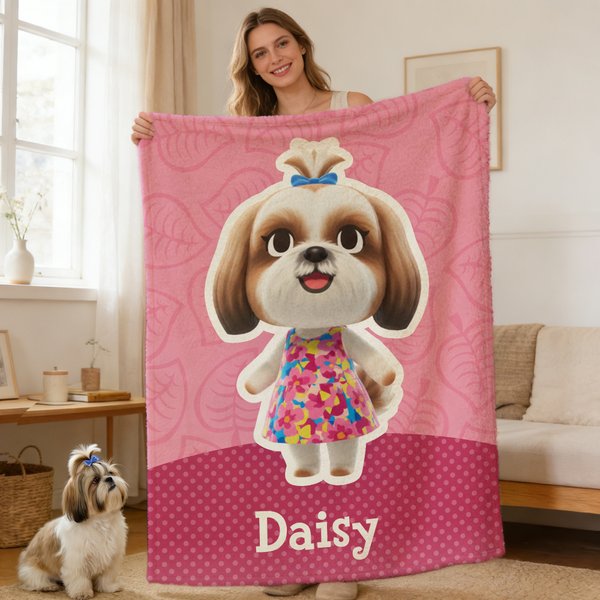 Personalised Cute Chibi Style Pet Villager Character Multicolour Soft Throw Blanket with Name Daily Use Birthday Gift for Pet Owners