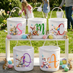 Personalized Cute Bunny Easter Bucket Basket with Name and Initial Easter Egg Hunt Basket Easter Party Favors Gift for Kids