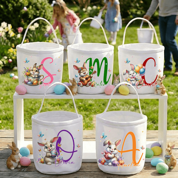 Personalized Cute Bunny Easter Bucket Basket with Name and Initial Easter Egg Hunt Basket Easter Party Favors Gift for Kids