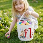 Personalized Cute Bunny Easter Bucket Basket with Name and Initial Easter Egg Hunt Basket Easter Party Favors Gift for Kids