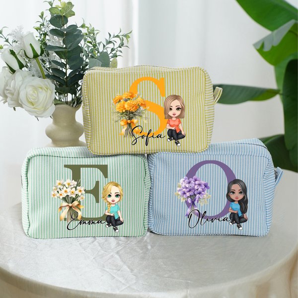 Trousse personalizzata con personaggio, iniziale e nome, design a strisce - Regalo essenziale per donne
