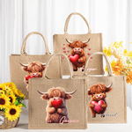 Personalized Cute Love Heart Highland Cow Large Jute Bag with Name Valentine's Day Birthday Gift for Family Friend Cow Lover
